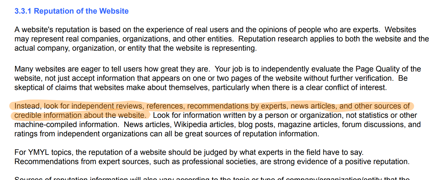 Search Quality Evaluator Guidelines over Reputatie van een website